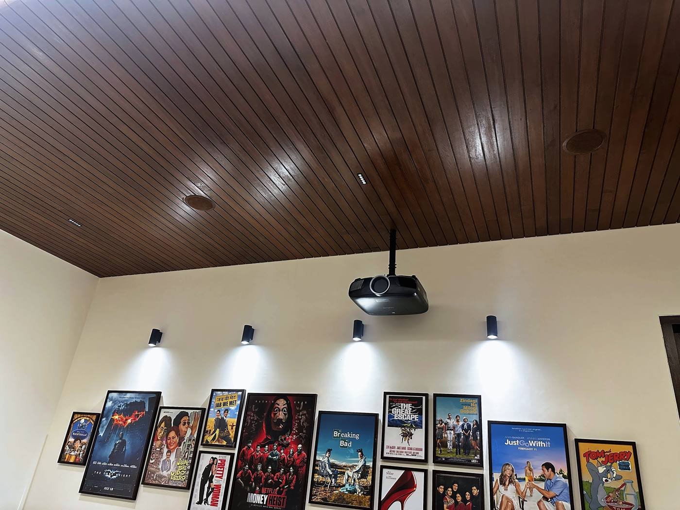 Timber ceiling and gallery lighting in the home theatre