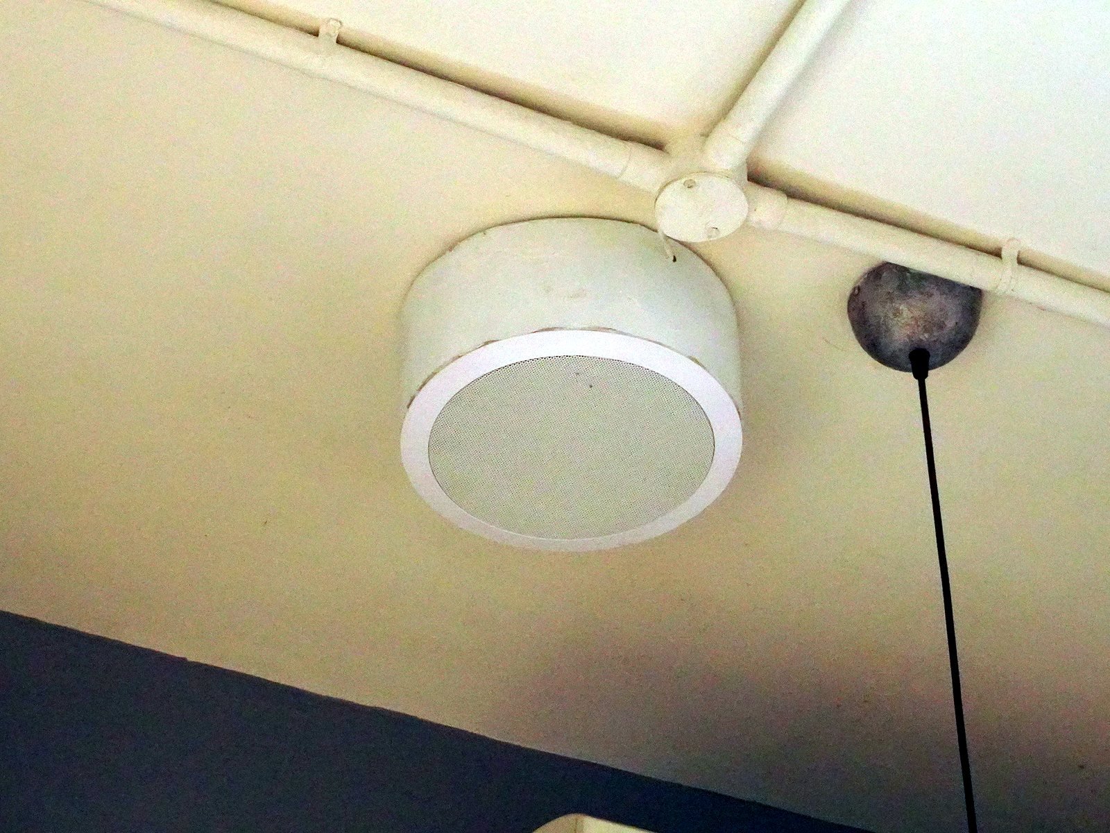Ceiling speaker beside a pendant light in a Bandra burger restaurant