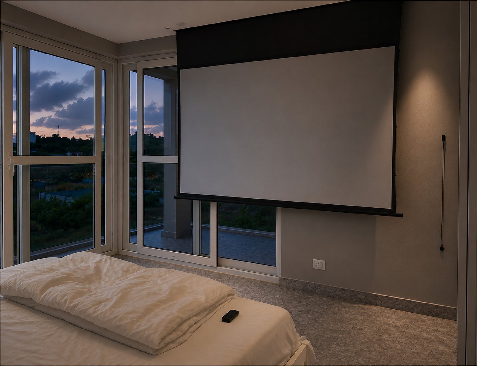 Bedroom with a ceiling drop-down projection screen in front of the windows, Avenue Sound Devanahalli