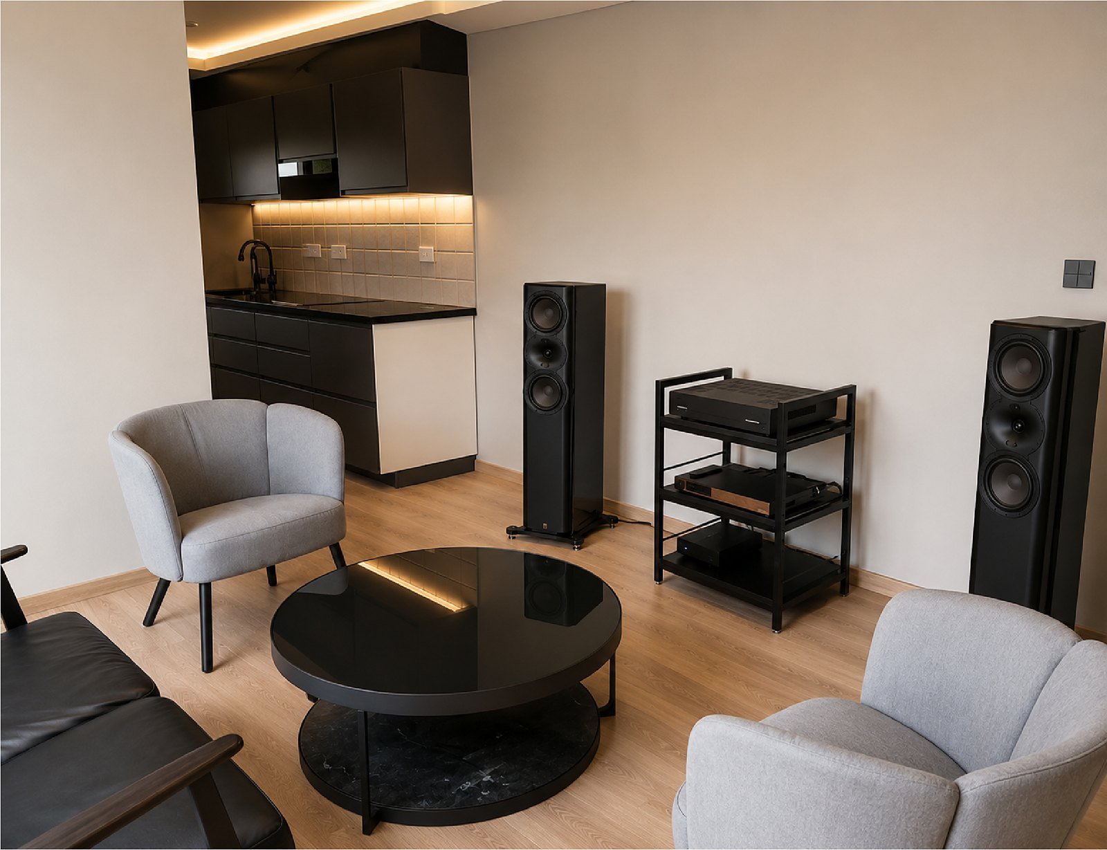 Listening lounge with armchairs, coffee table and floor-standing speakers at the Devanahalli experience centre