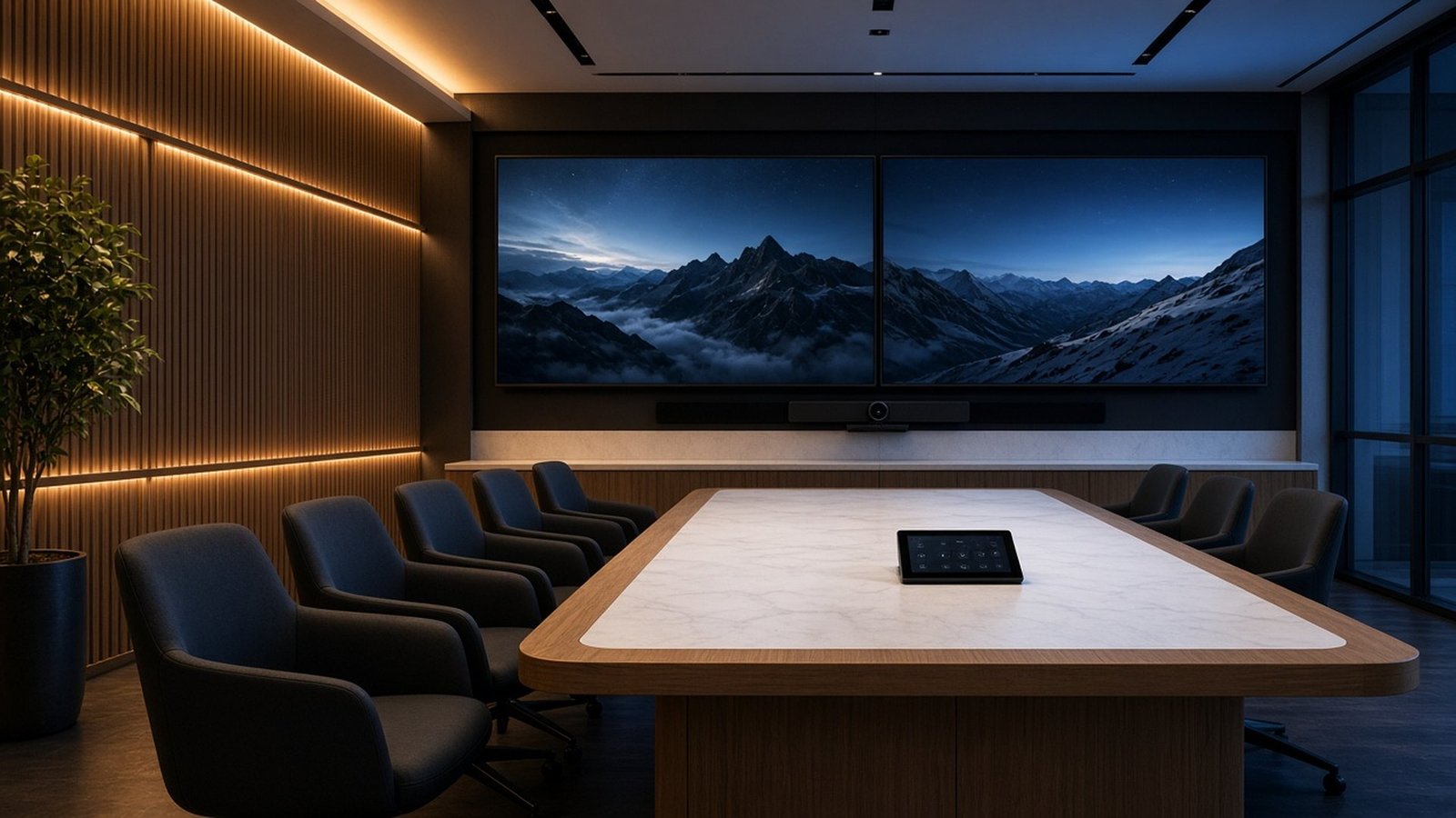 Premium boardroom with dual displays, video conferencing bar and table touch panel