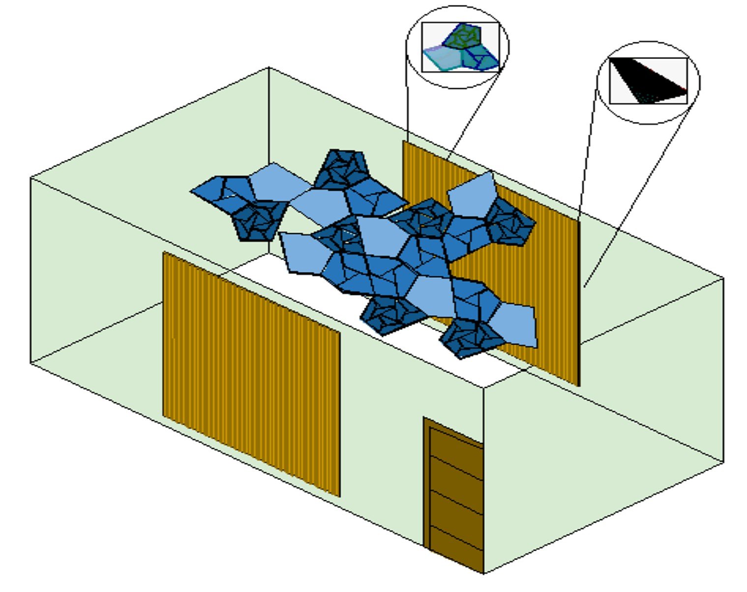 Drawing of a conference room acoustic treatment layout with ceiling absorber panels and wall absorbers