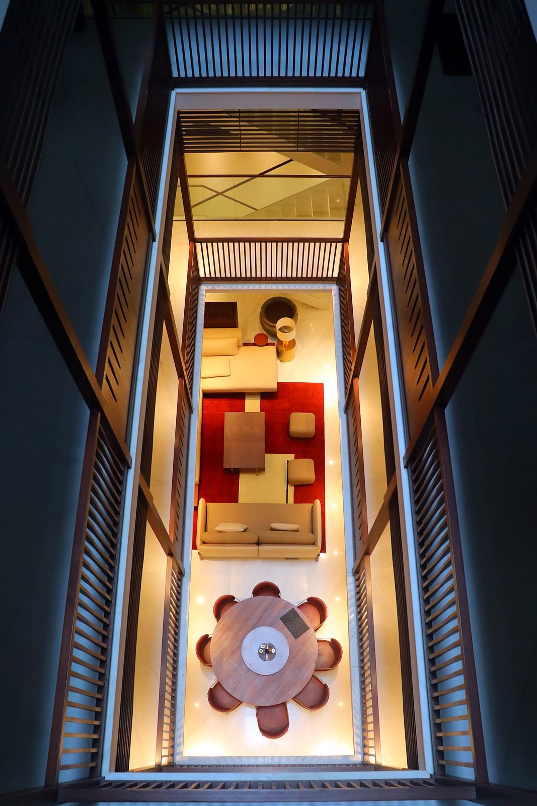 Top-down view of the stairwell and lift shaft in a six-storey Nagpur mansion