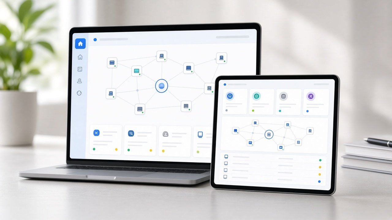 Network management dashboard on a laptop and tablet showing devices grouped as family, guests and cameras
