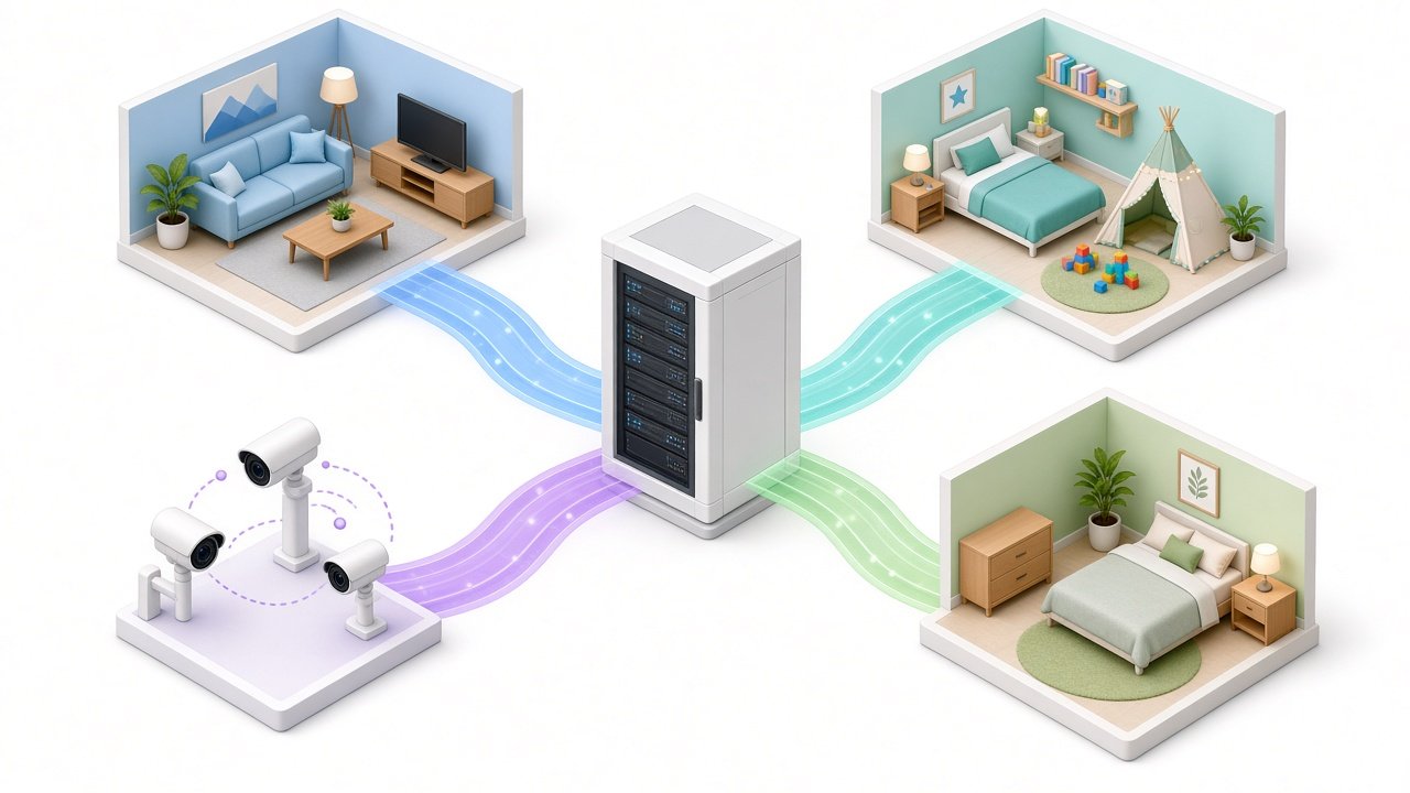 Separate network lanes for family devices, cameras and smart home, and guests running from one rack to different rooms
