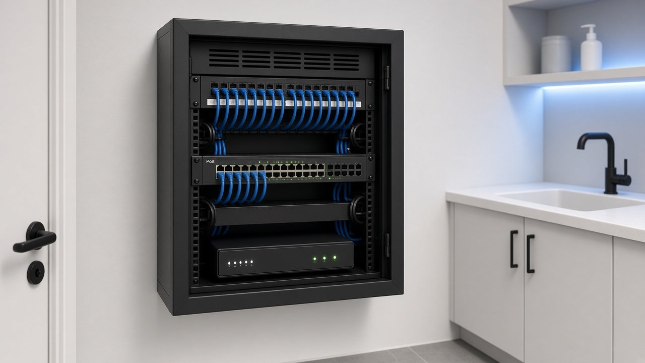 Tidy home network rack with patch panel, PoE switch and labelled cables in a utility cupboard