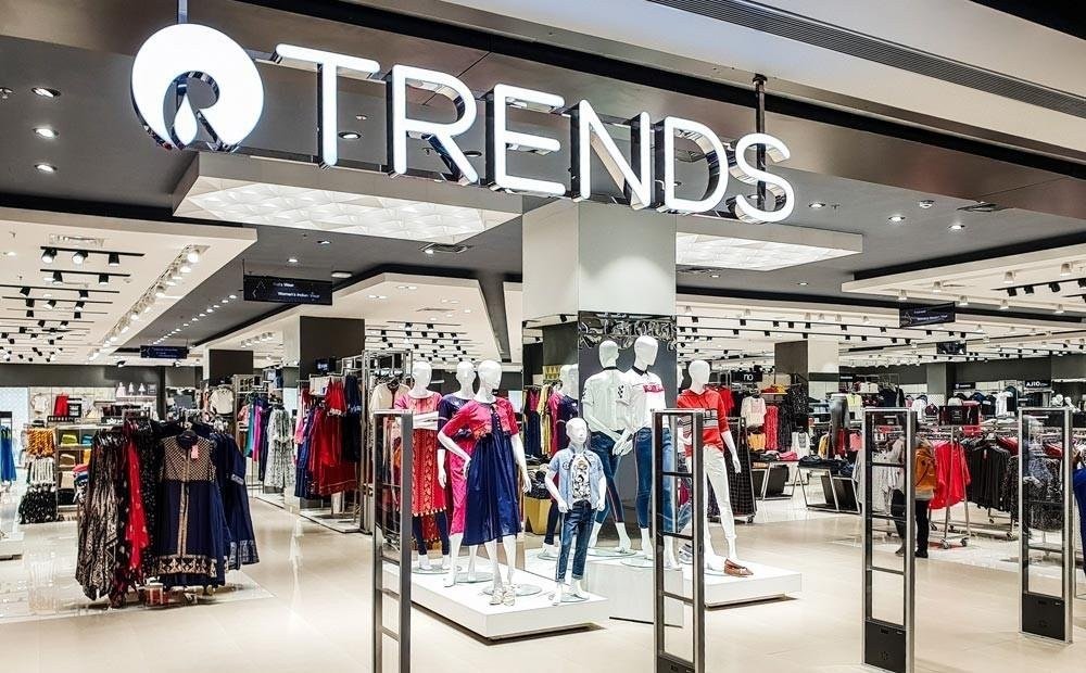 Shop floor of a Trends outlet, a Reliance Retail Outlet, with clothing displays and ceiling lighting