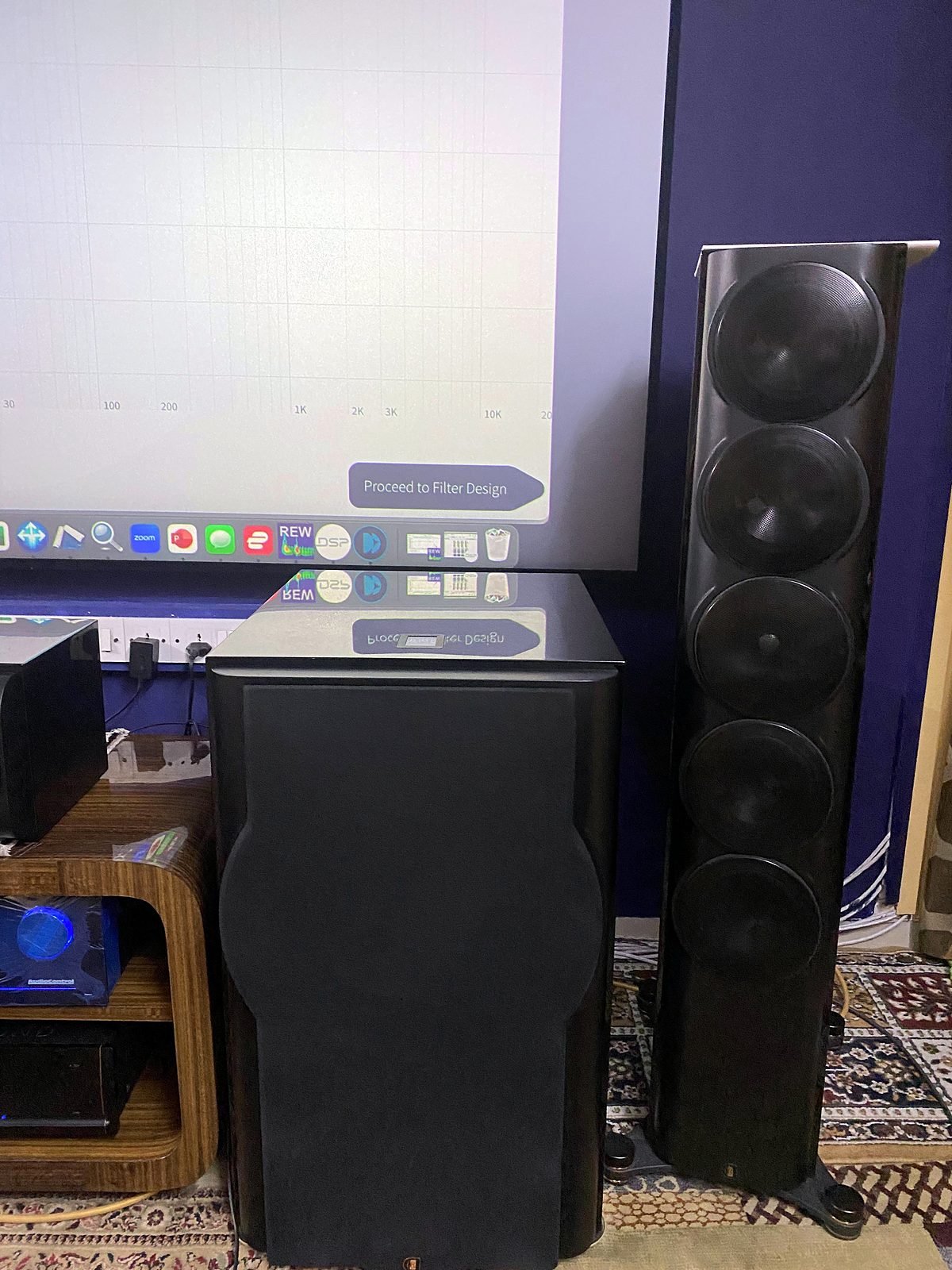 Perlisten tower speaker and subwoofer in a Navi Mumbai home theatre