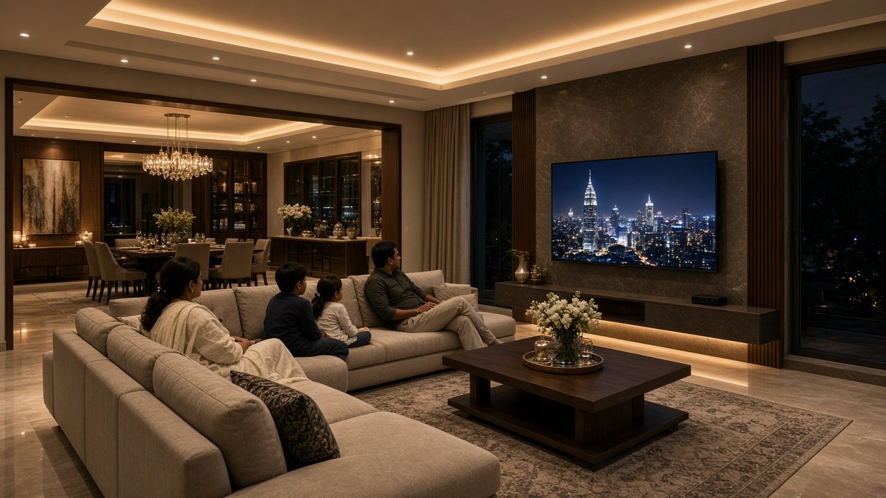Family relaxing in a warmly lit living room