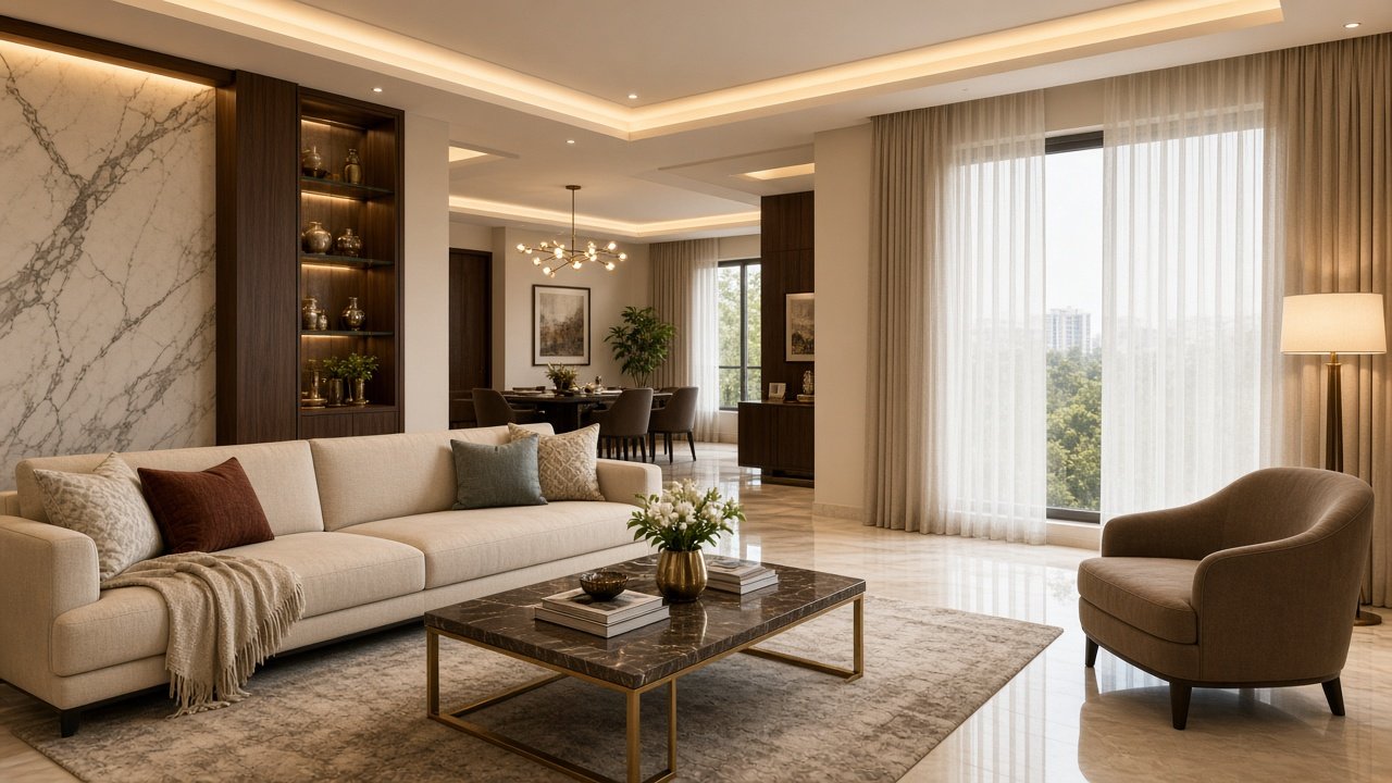 Bright modern living room with a wall keypad, curtains and lighting that can be controlled by a home automation system