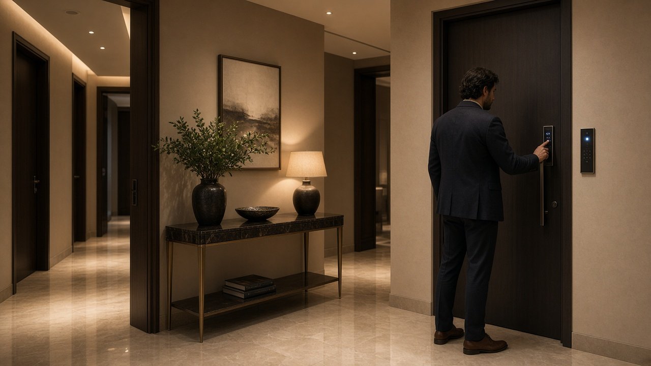 Person using the entrance keypad when leaving home