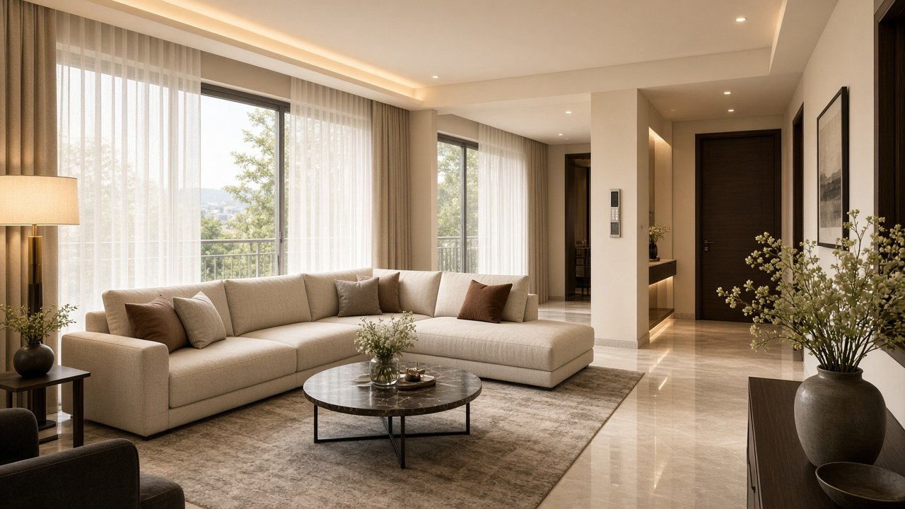Modern living room where lights, curtains and entertainment are run from one home automation system