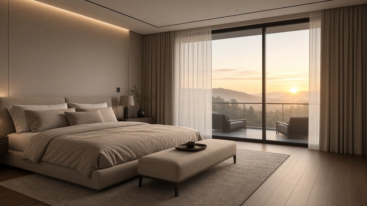 Bedroom at sunrise with curtains opening