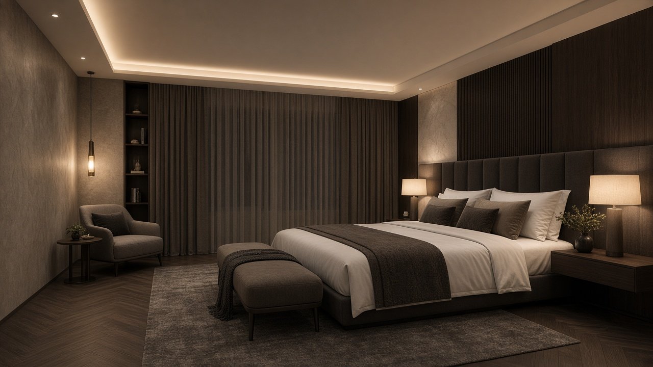Calm low-lit bedroom at night